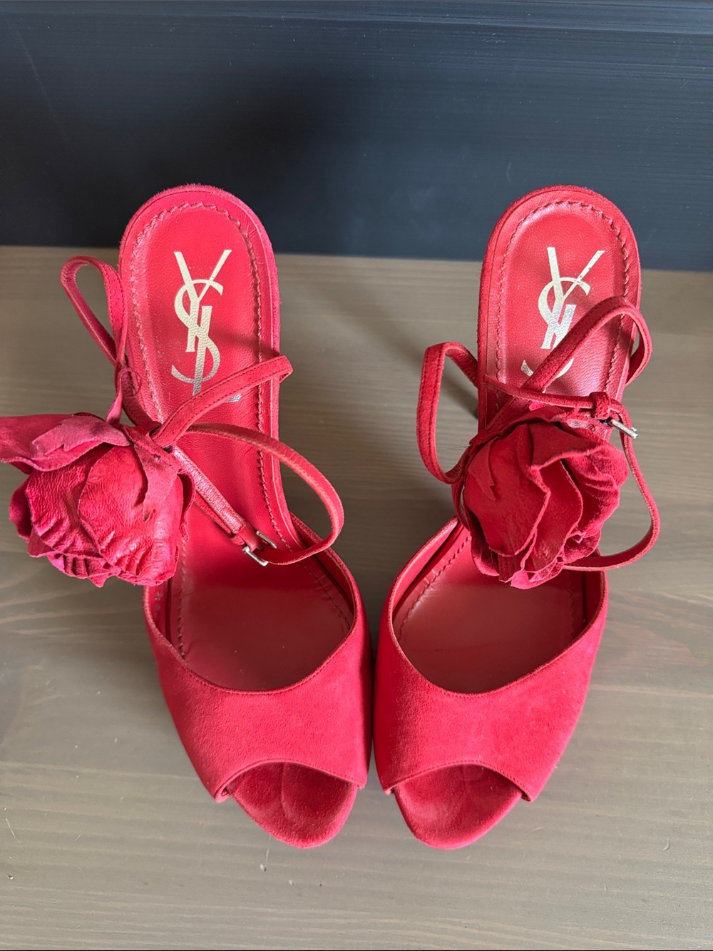 Saint Laurent Red Suede Peep-Toe Stiletto Sandals with Rosette